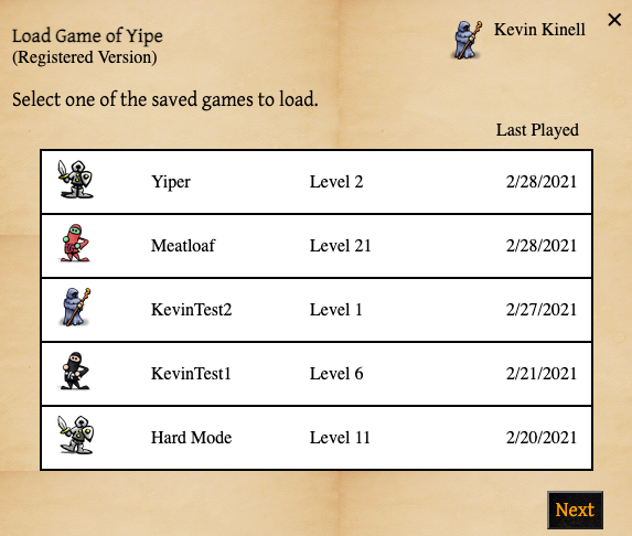 Yipe 5 saved games screen